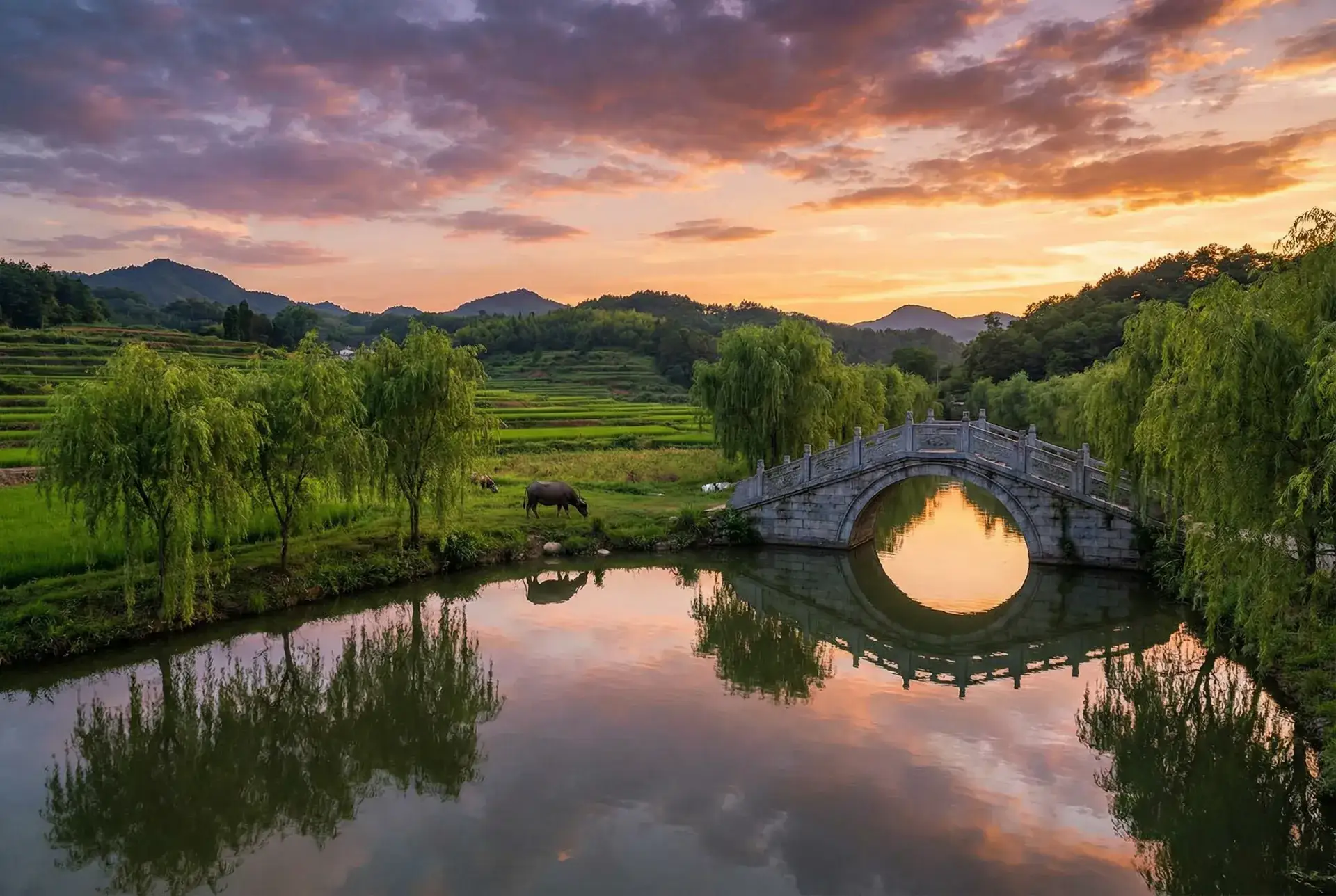 夕阳下的石拱桥与垂柳，水牛在河边吃草 - 青春不言败在线观看 乡村美景